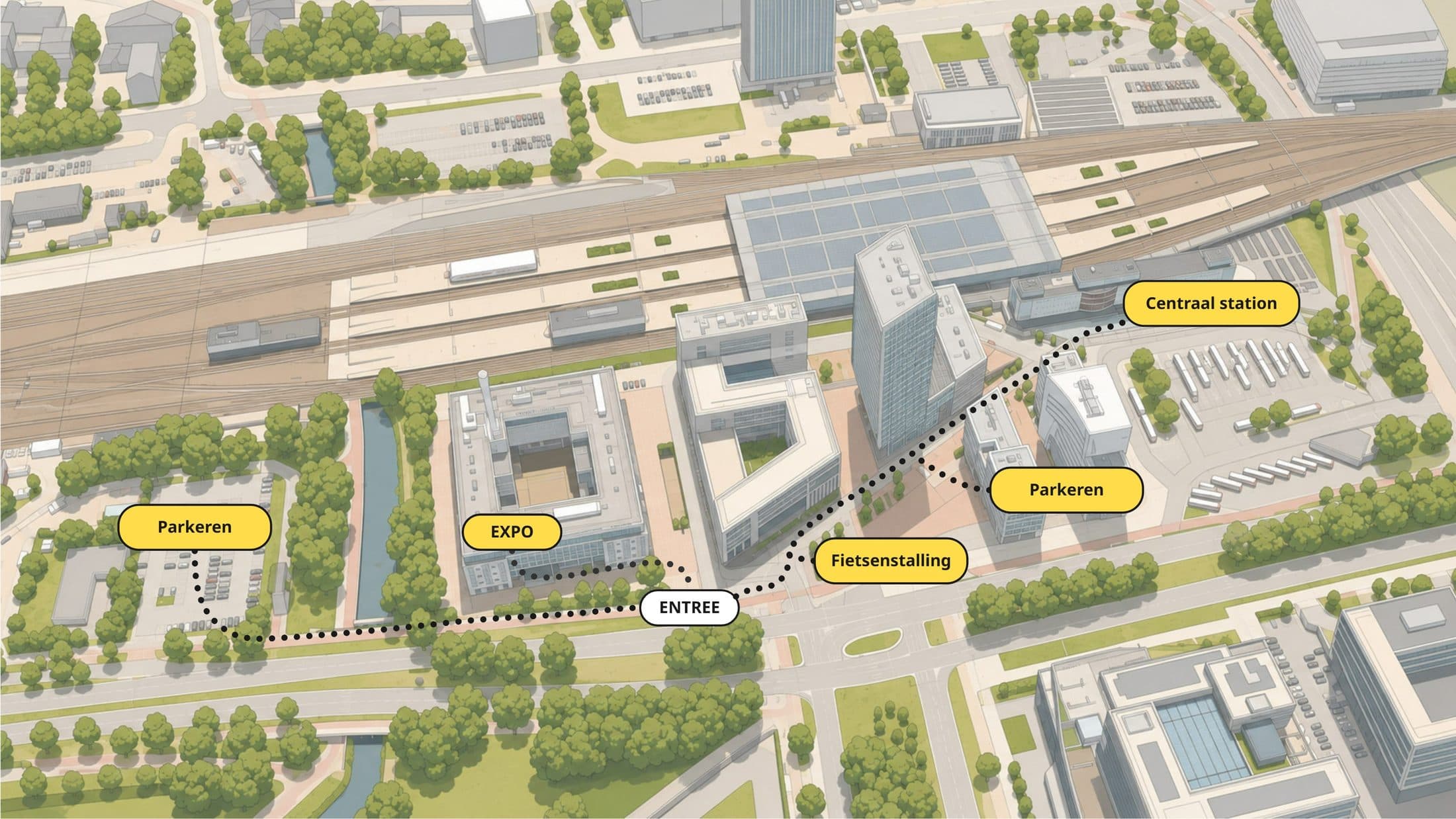 Omgevingskaart: entree en expo aan de Doctor Dorgelolaan, met parkeren, fietsenstalling en Centraal Station op loopafstand